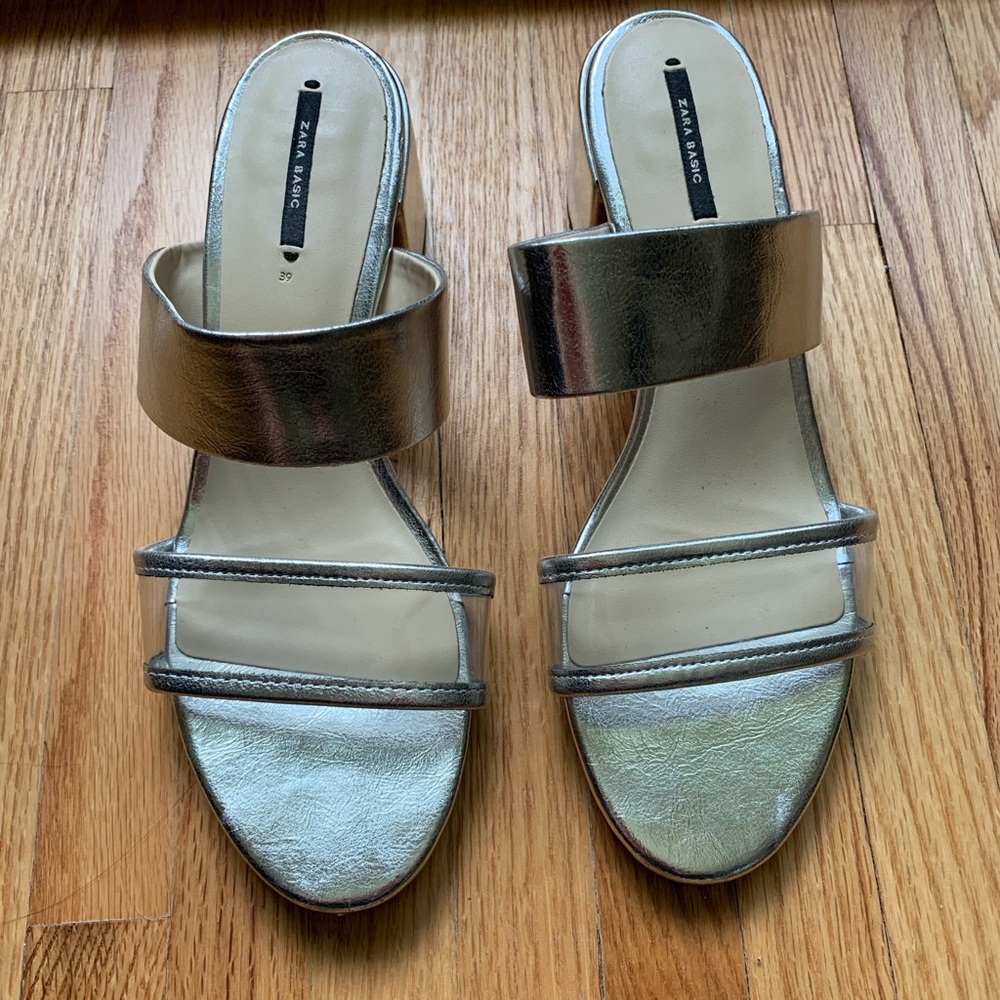 Silver block heel sandal with transparent strap